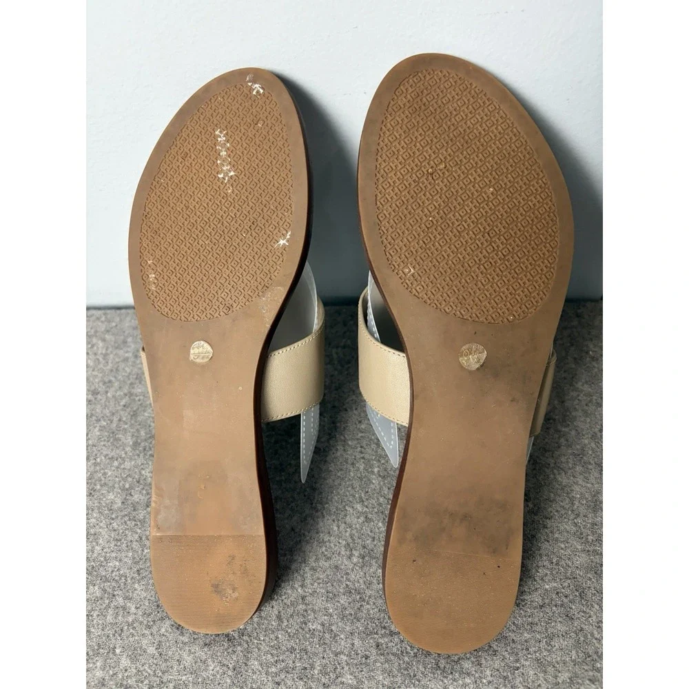 Tory Burch Womens Leather Thong Sandals Taupe Beige Size 8M Embossed Logo